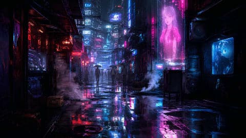 Neon Rain Alley Anime Wallpaper 4K Cyberpunk Night City